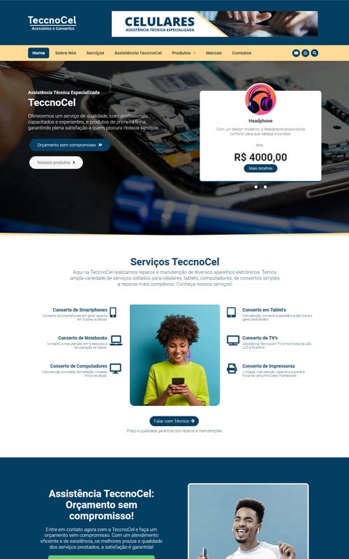 Modelo de Site para loja de informática ou assistência técnica para celulares, tablets, computadores e TVs